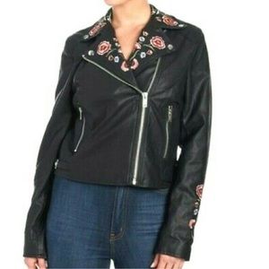 WDNY Floral Moto Jacket Cropped Faux Leather S